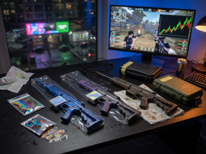 Photographic still life showing CS2 skin market drivers: rarity, wear, events, supply