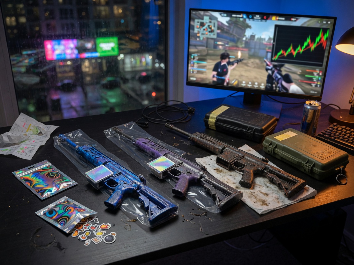 Photographic still life showing CS2 skin market drivers: rarity, wear, events, supply