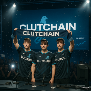 Press-event photo of the Pigeons CS2 team unveiling new Clutchain jerseys on stage, with
