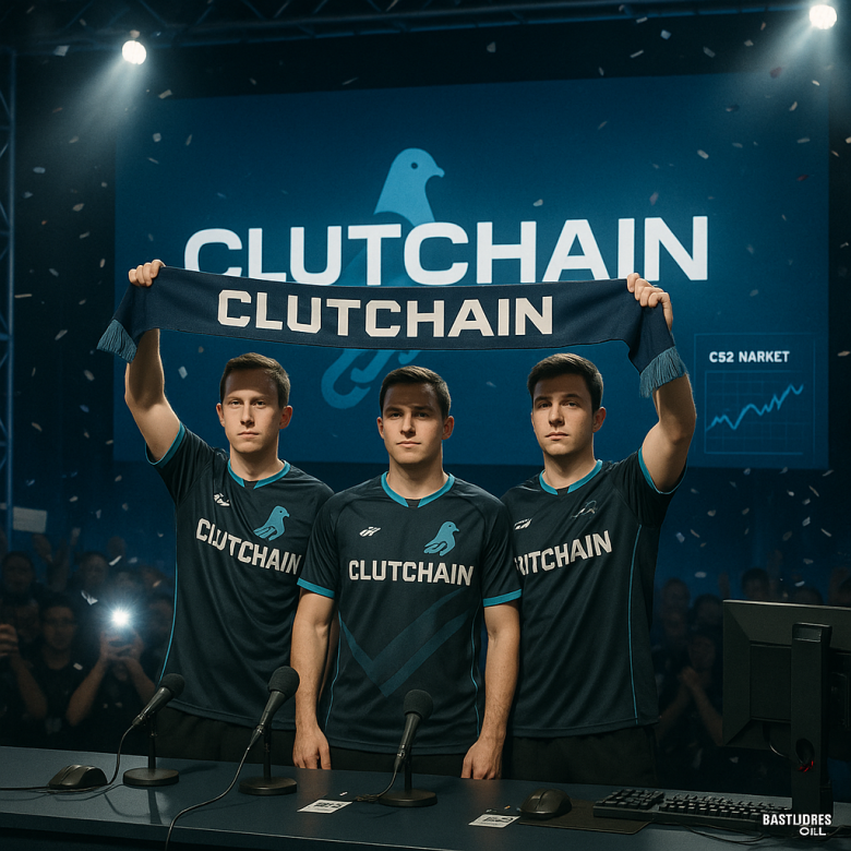 Press-event photo of the Pigeons CS2 team unveiling new Clutchain jerseys on stage, with