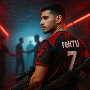 Editorial-style photo of a Brazilian esports AWPer in red-and-black team colors with ‘reNTU’ on