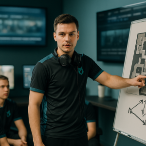 Stanislaw, newly named Metizport IGL, leads a CS2 tactics session at a bootcamp whiteboard