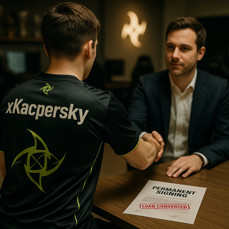 Back-of-jersey handshake photo: NIP player xKacpersky finalizes a permanent CS2 contract with a team